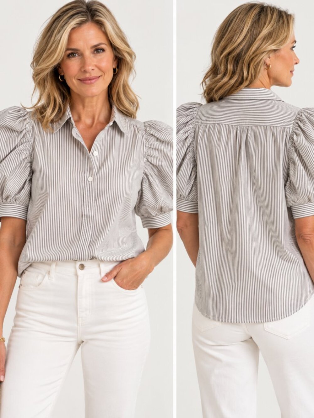 FRAME Sz M Striped Puff Sleeve Button Blouse Statement Quiet Luxury Preppy